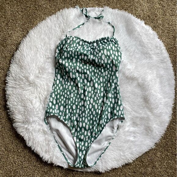 Kona Sol Swimsuit One Piece Green White Polka Dot Shelf Bra Women’s Size Medium - Picture 1 of 10